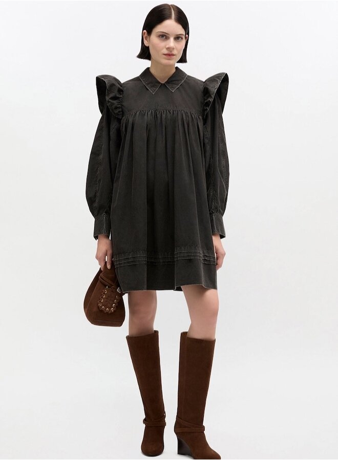 Dyed cotton mini dress frill black