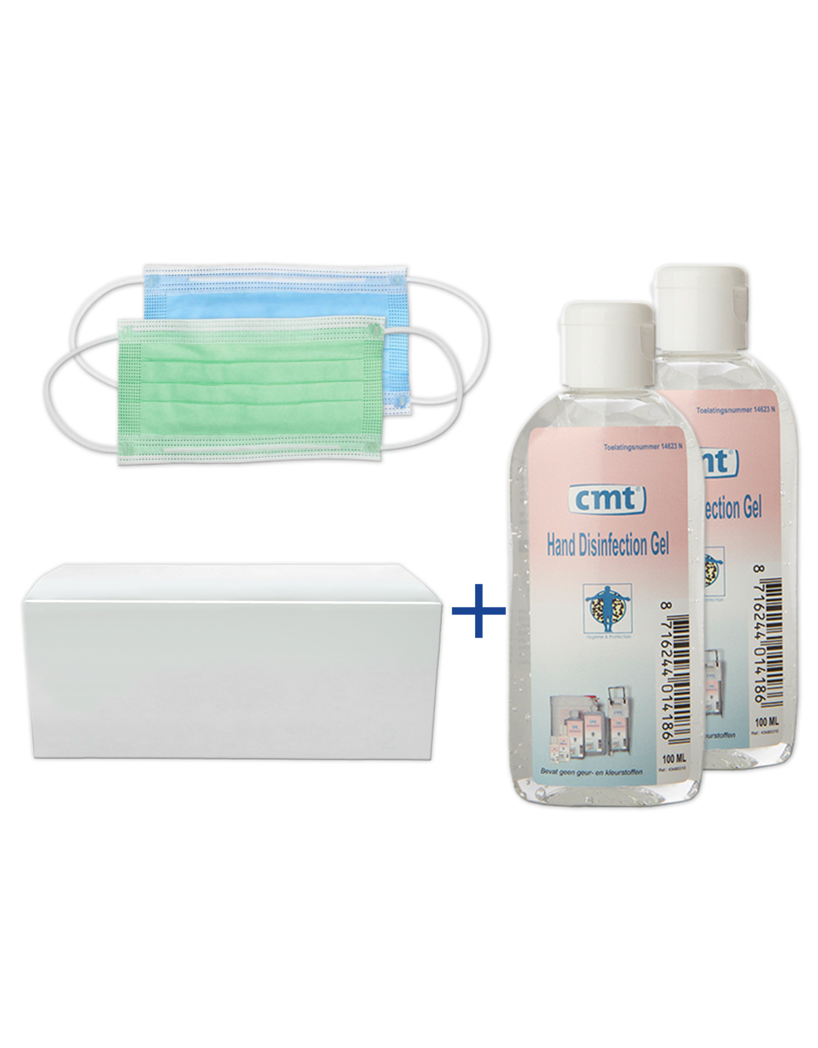 CMT Mondkapjes 10 stuks & 2x 100ml. Hand Desinfectie alcoholgel  (02)