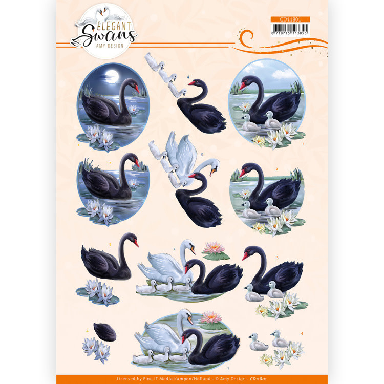 Amy Design 3D knipvel - Elegant Swans - Black Swans