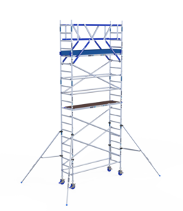 IND ASC Rolsteiger 75x250 7,2m werkhoogte met schoren tegen de gevel