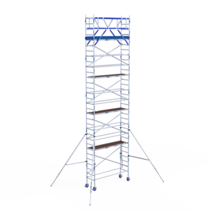 IND ASC Rolsteiger 75x250 10,2m werkhoogte met schoren tegen de gevel