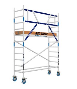 ASC IND ASC Rolsteiger 75x250 4,2m werkhoogte Carbon met schoren tegen de gevel IND ASC Rolsteiger 75x250 4,2m werkhoogte Carbon met schoren tegen de gevel