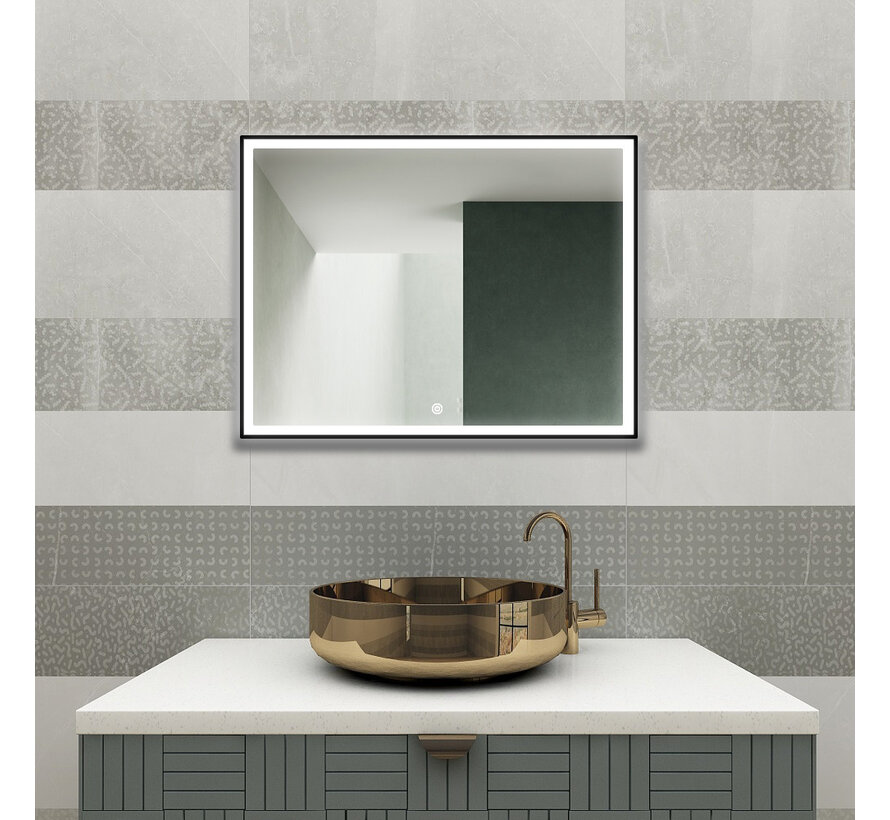 Spiegel met zwart frame, led, anticondens 60 x 60 cm