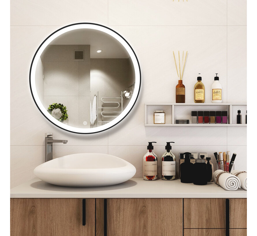 Spiegel rond 60 cm met zwart frame, led verlichting en anti condens