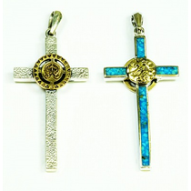 CROSS PENDANT SILVER WITH TURQUOISE INLAY BRASS DETAILS the humpbacked Flute Player, mythical Hopi symbol of fertility