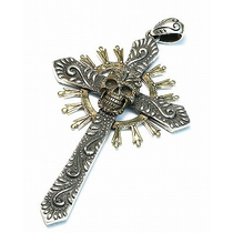 SUGAR SKULL CROSS PENDANT SILVER WITH BRASS DETAILS