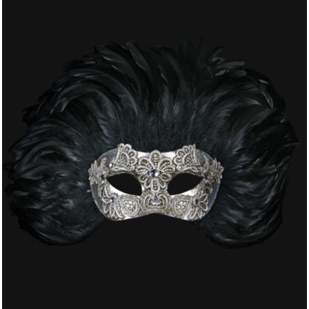 Combina Piume Reale Macramè Silver Black Venetian Mask