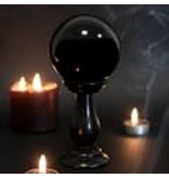 SMALL BLACK CRYSTAL BALL ON WOODEN STAND