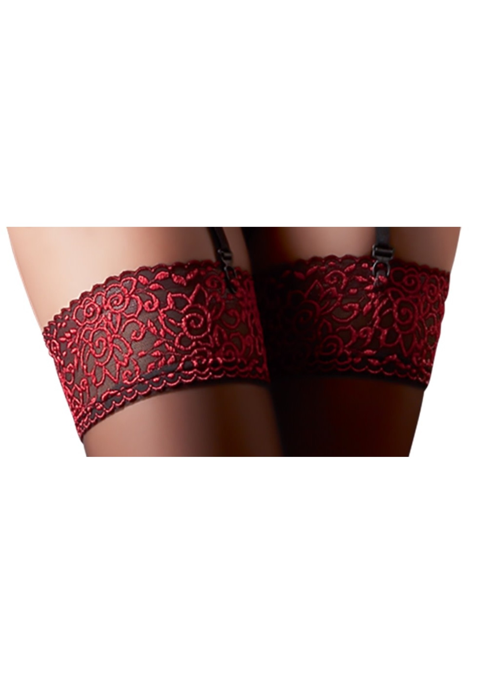 Cotteli Collection Black stockings with dark red lace