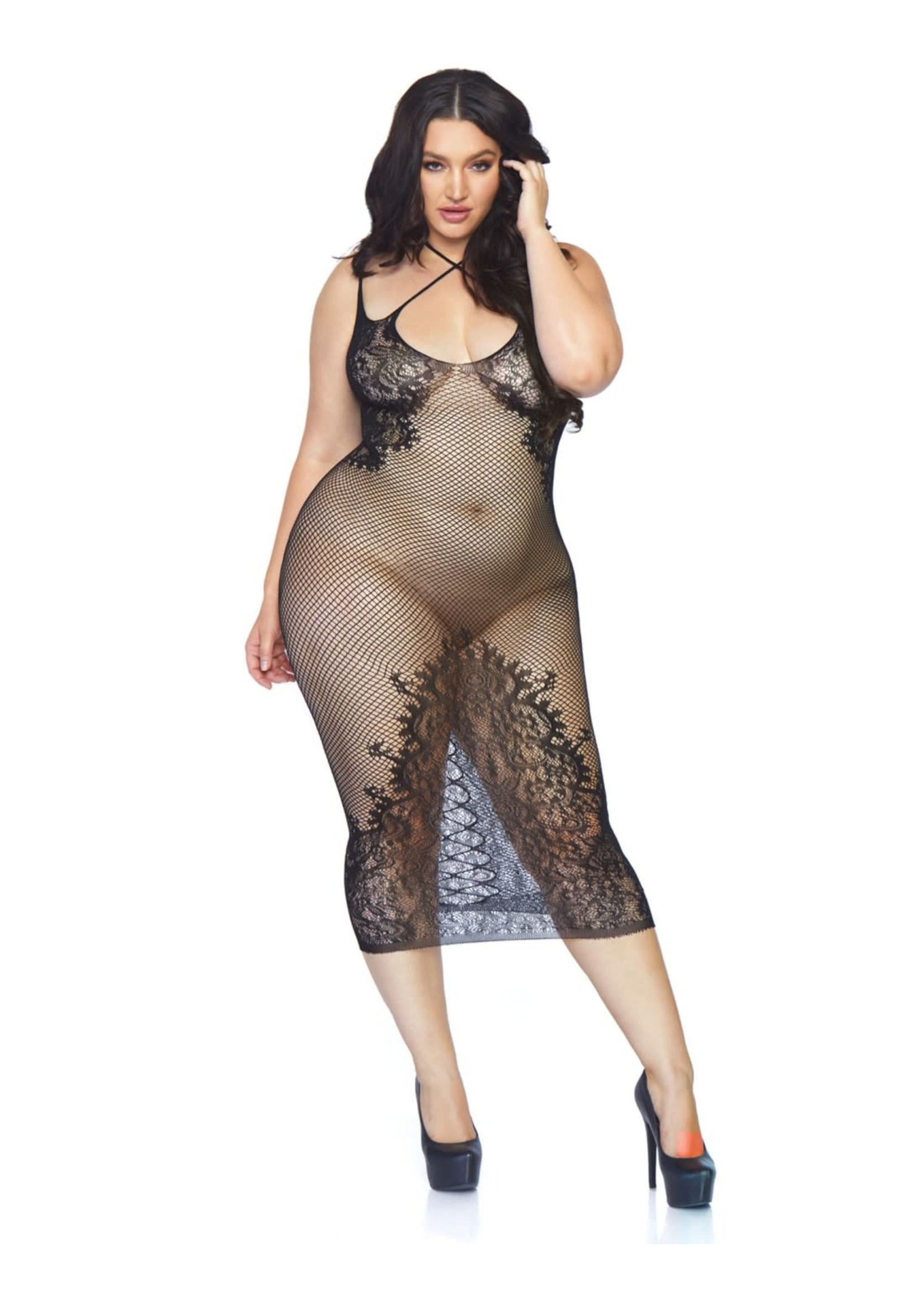 Leg Avenue Seamless net and lace dual strap halter dress black OneSize Queen