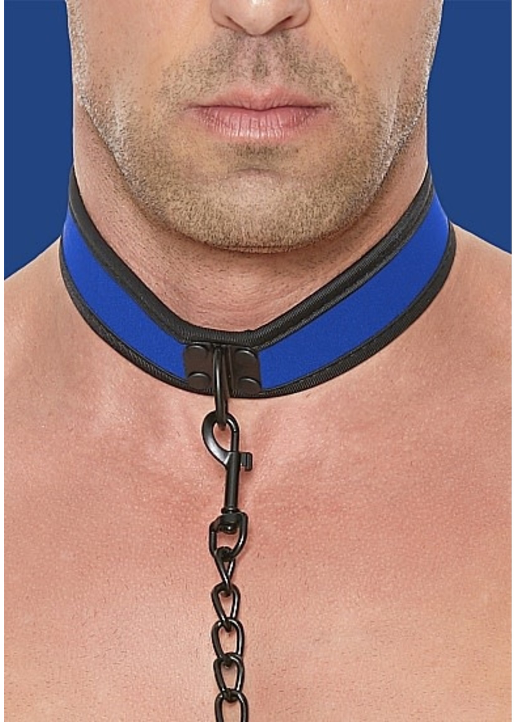 Ouch! Neopreen halsband met riem - blue