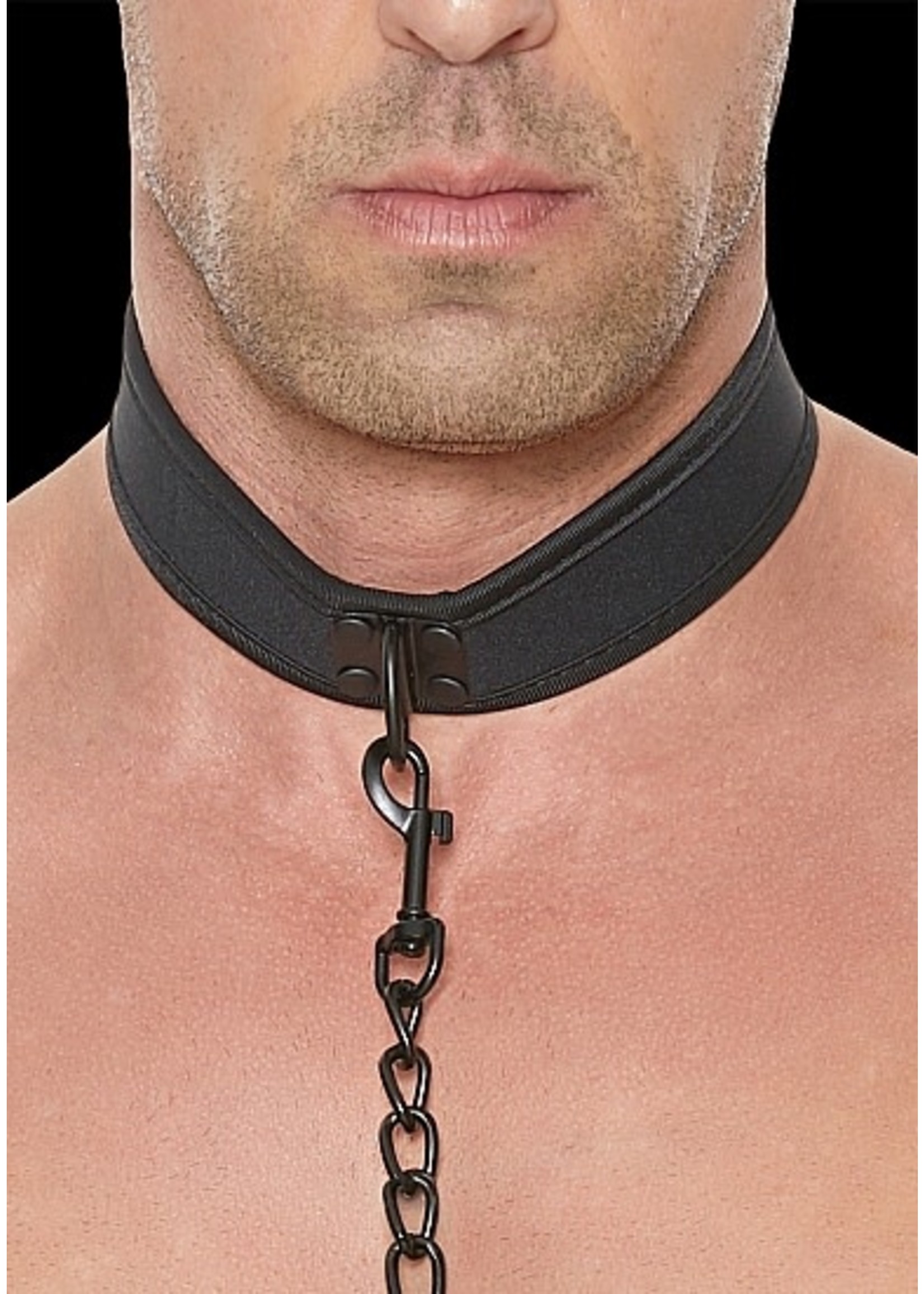 Ouch! Neopreen halsband met riem - black