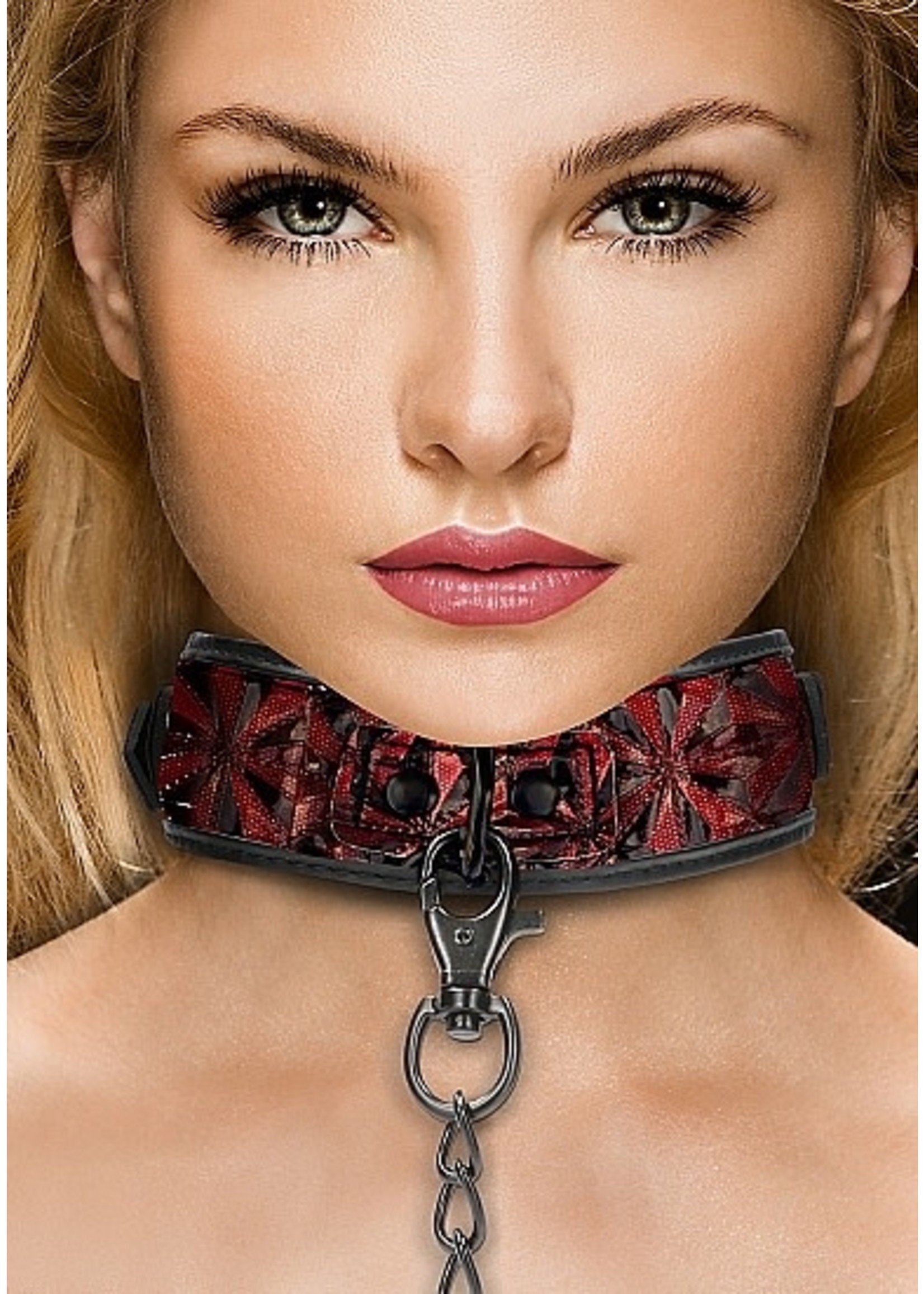 Ouch! Halsband met riem kunstleer - red