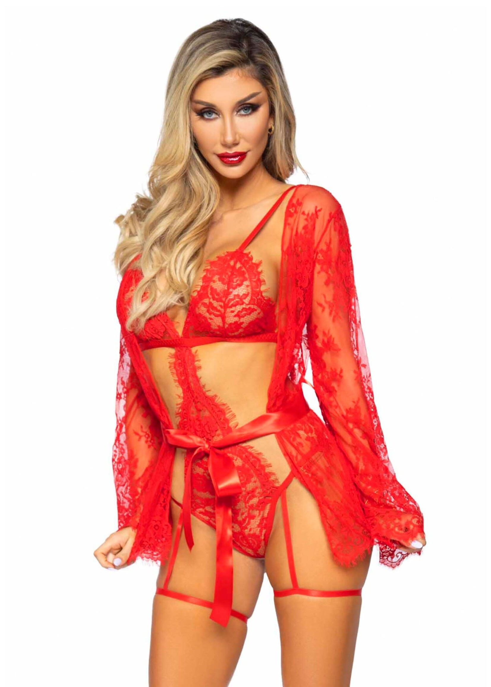 Leg Avenue Teddy, lace robe & ribbon tie