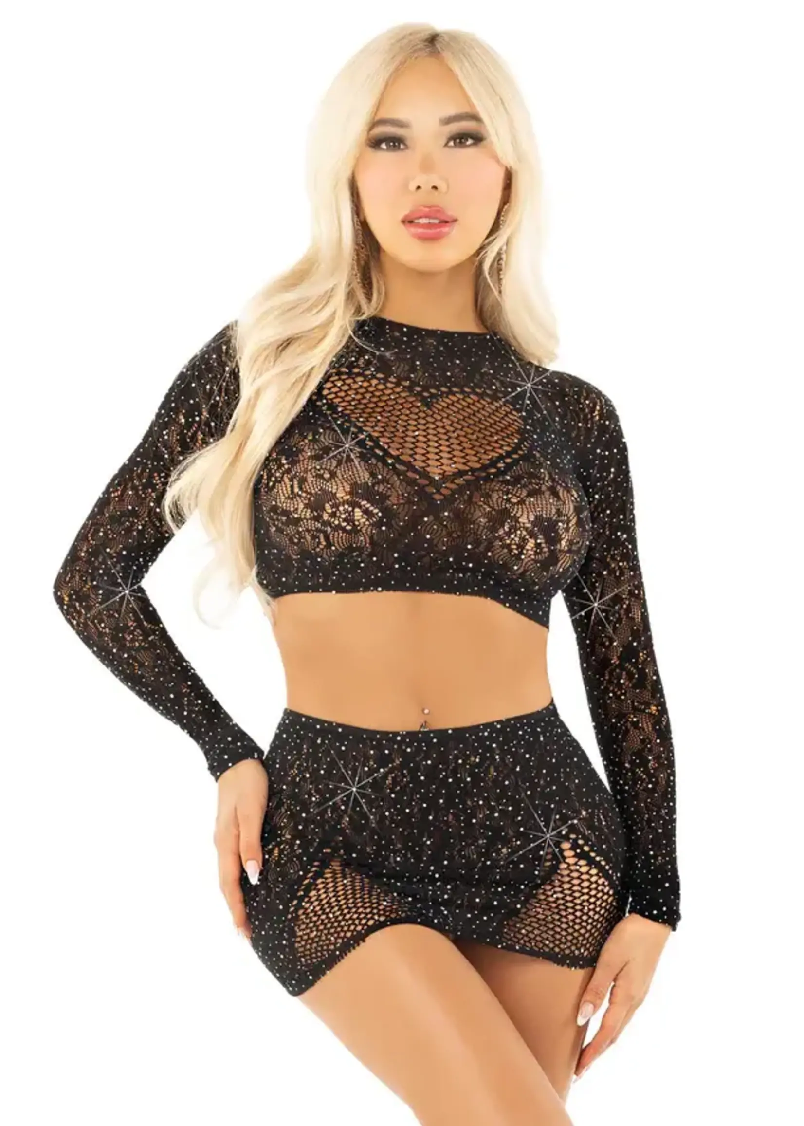 Leg Avenue Rhinestone crop top and mini skirt OneSize - black