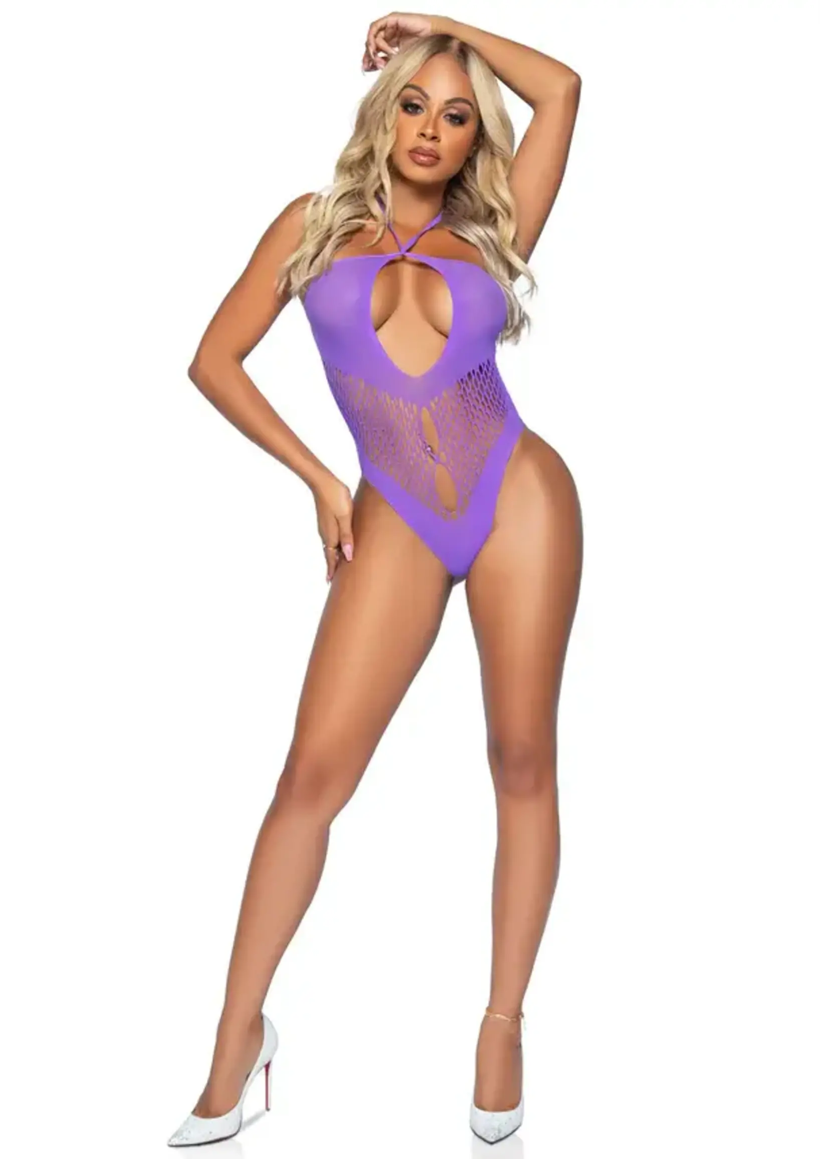 Leg Avenue Seamless hexi net keyhole halter bodysuit OneSize - lavendel