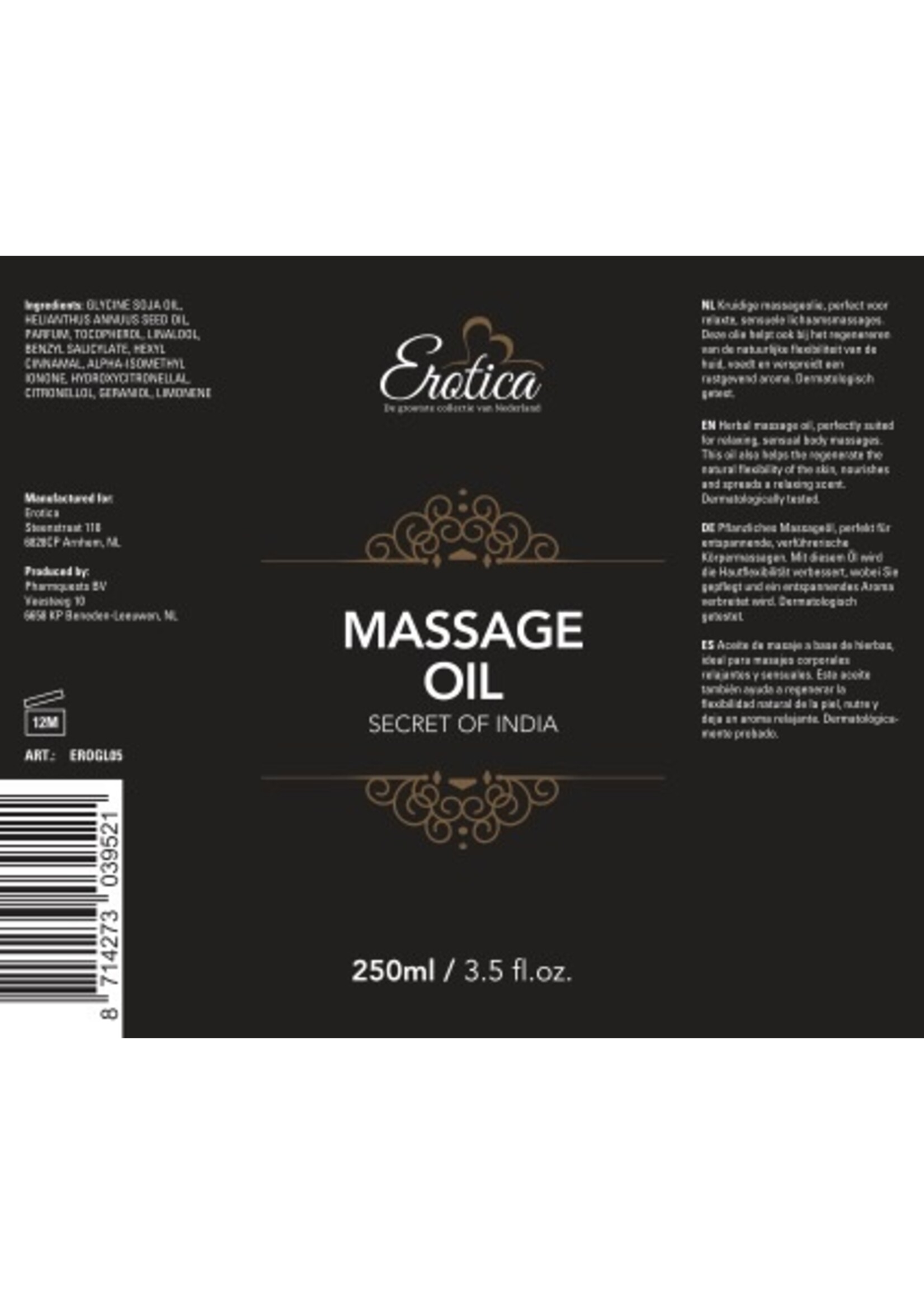 Erotica Glijmiddel Erotica massage olie Secret of India - met condoom - 250 ml