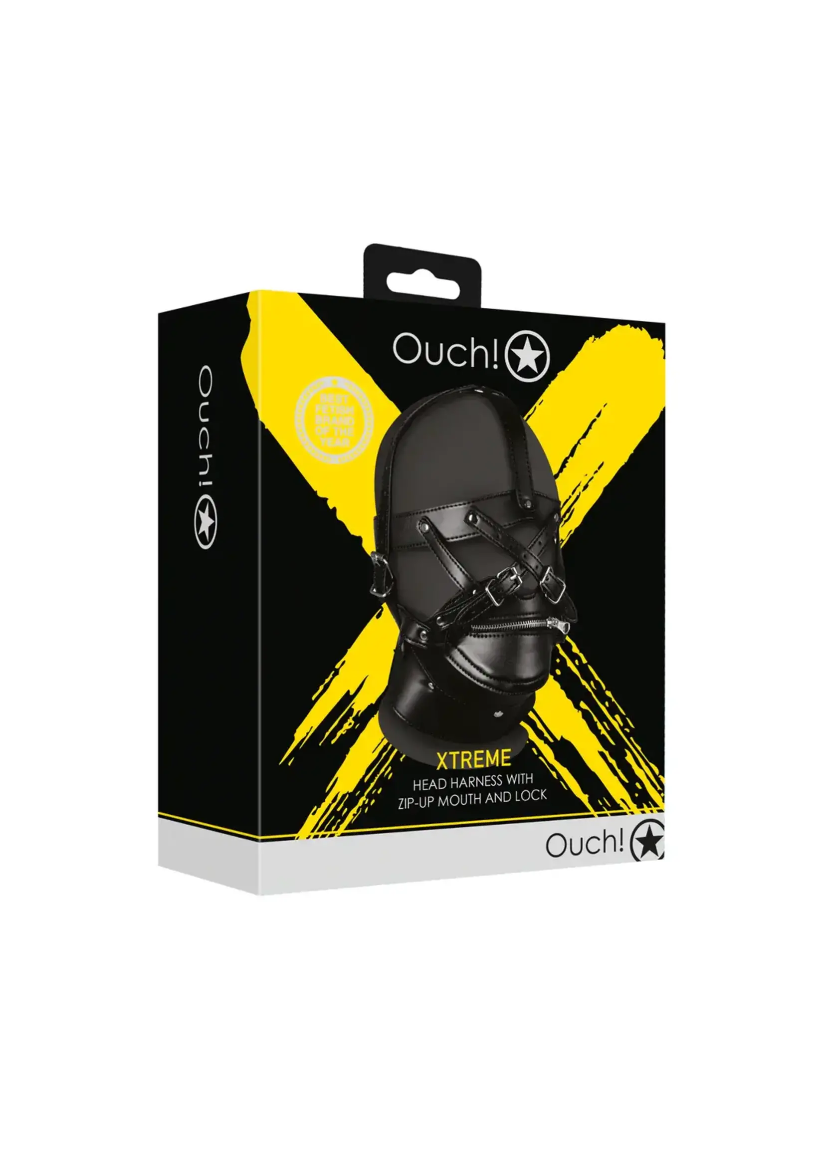 Ouch! Head harness with zip-up mouth and lock - Black