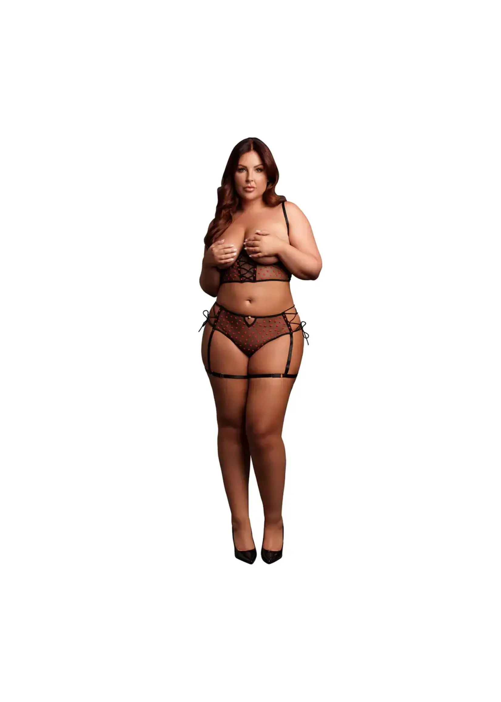 Le Désir Set with underwired open-cup bra and panty with laced up details - Black/red - QueenSize