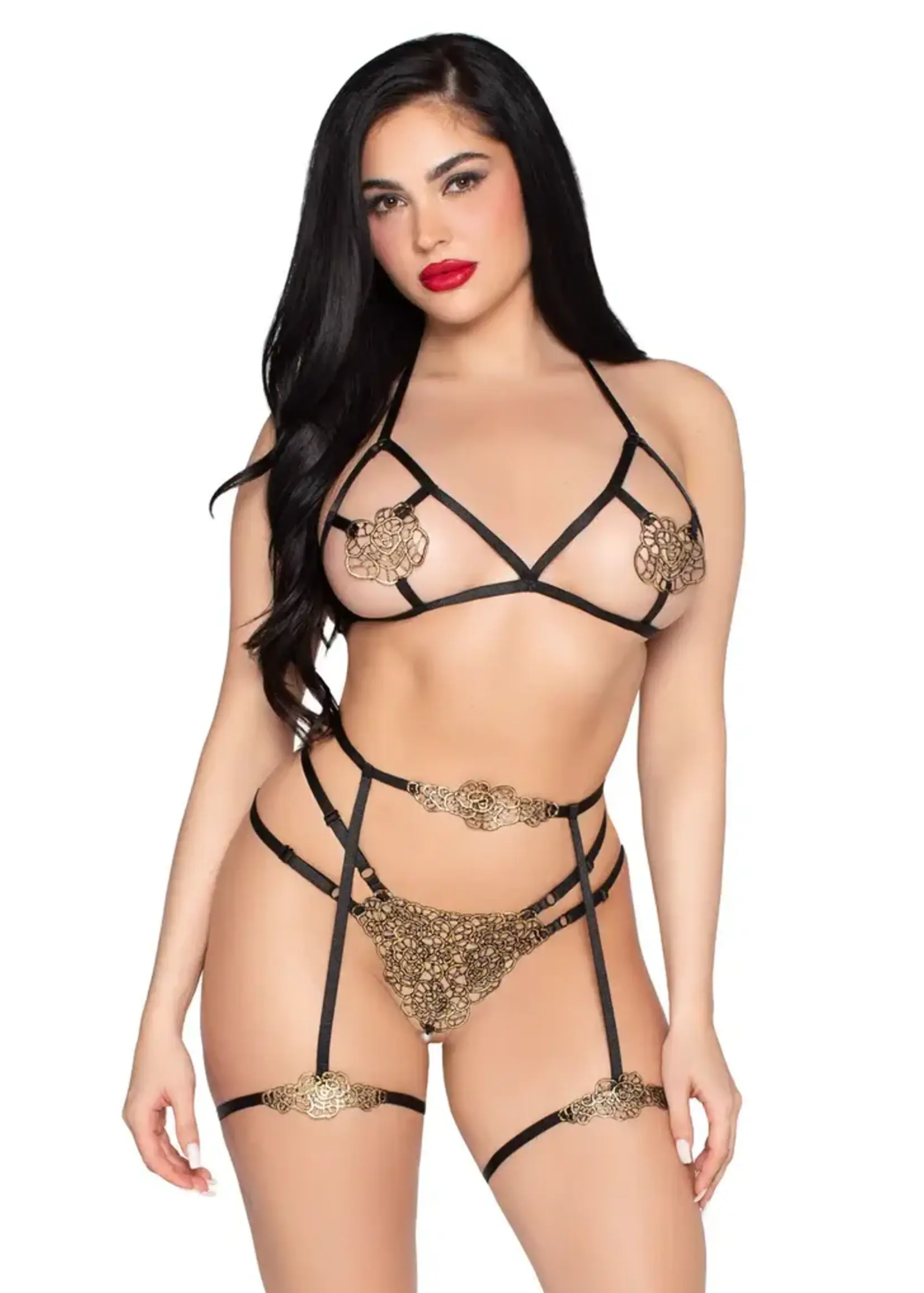 Leg Avenue Luxurious 3-piece bra and harness set with pearl G-string