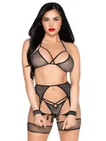 Leg Avenue Net bra top, string & harness set black - OneSize
