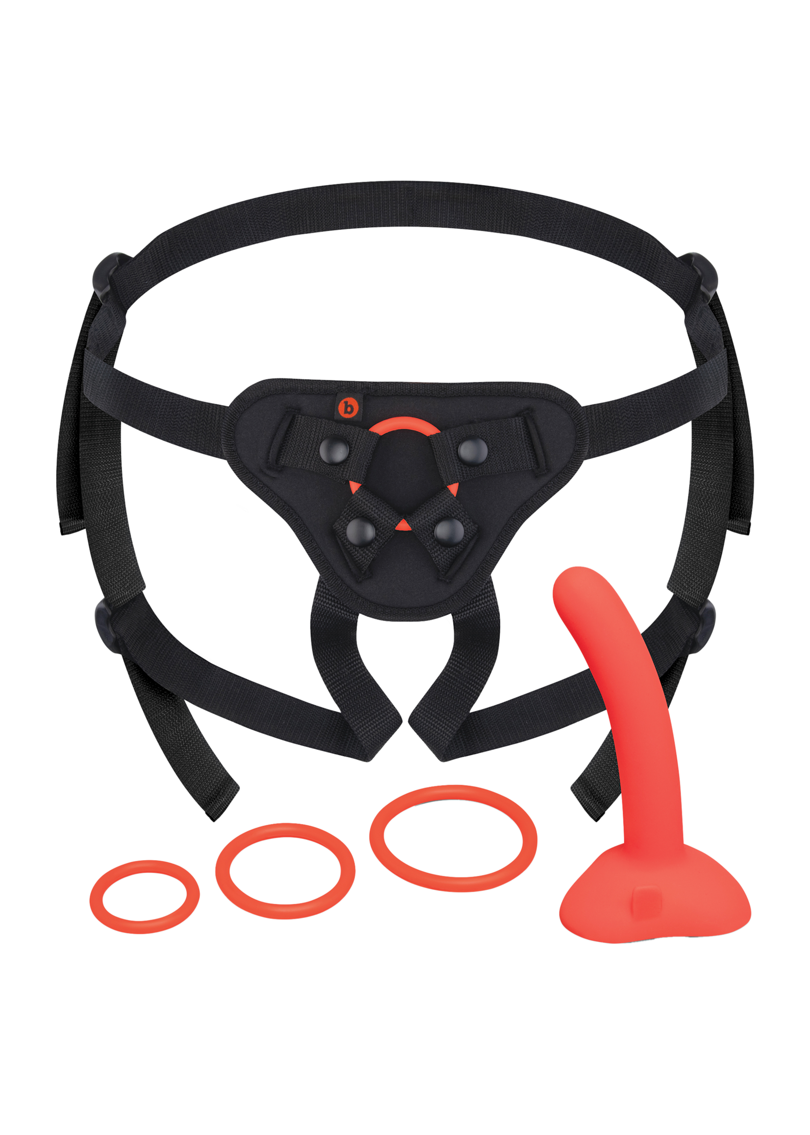 B-vibe Beginners strap-on harness set with 5 inch silicone dildo peg