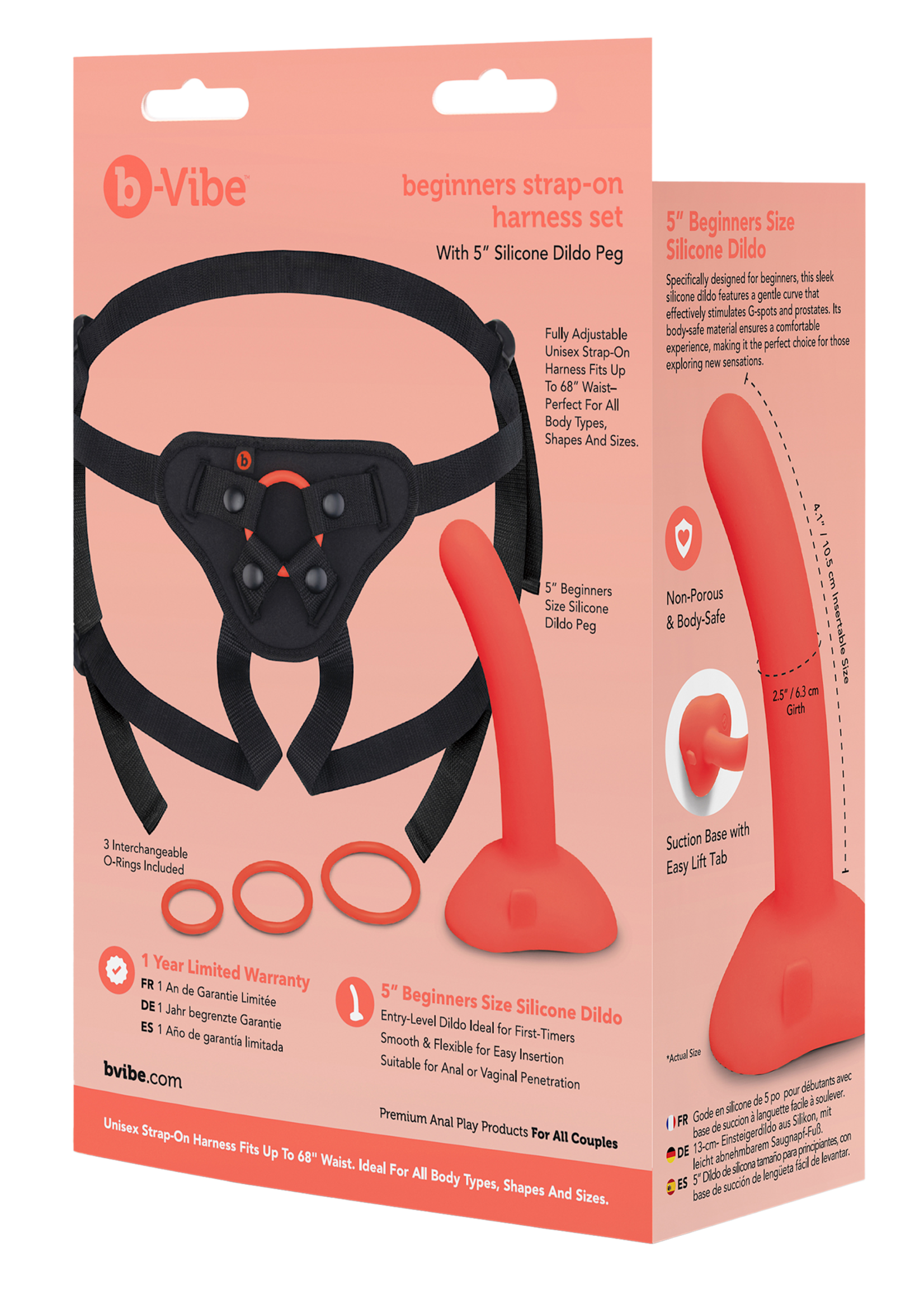 B-vibe Beginners strap-on harness set with 5 inch silicone dildo peg