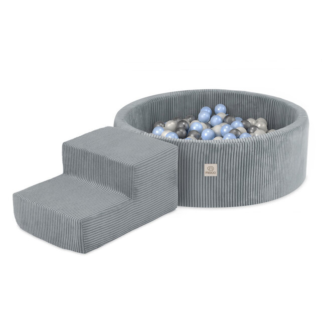 Ballenbak Rond 90x30 Met Trapje | Light Grey Corduroy incl. 200 ballen (Pearl/Silver/Light Blue)