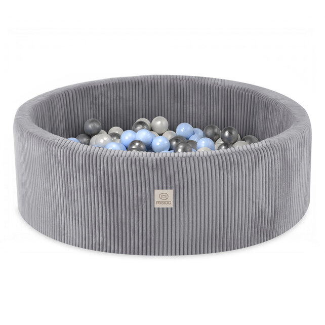 Ballenbak Rond 90x30 Met Trapje | Light Grey Corduroy incl. 200 ballen (Pearl/Silver/Light Blue)