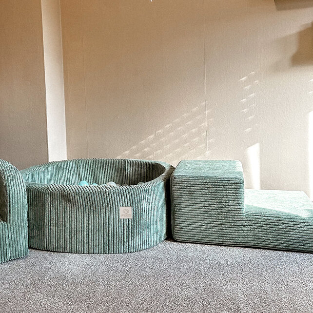 Ballenbak Rond 90x30 Met Trapje | Green Corduroy incl. 200 ballen (Pearl/Silver/Mint Pearl)