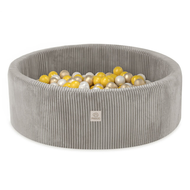 Ballenbak Rond 90x30 Met Trapje | Beige Corduroy incl. 200 ballen (Pearl/Gold/Geel)