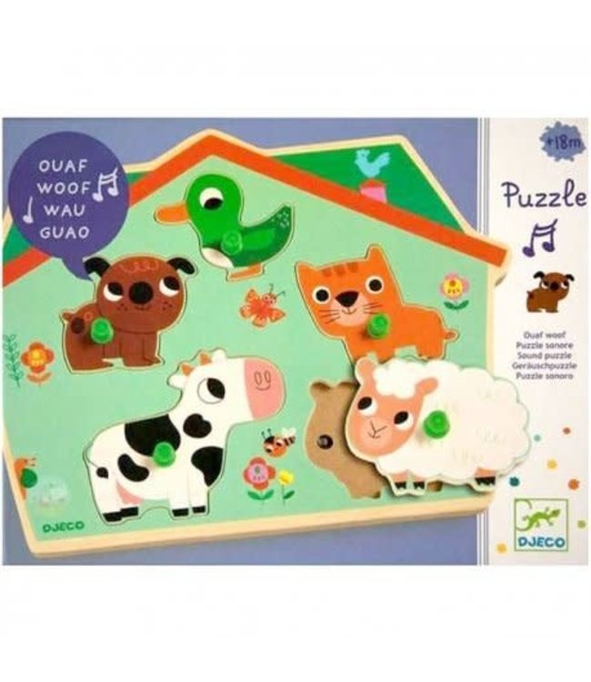 Djeco | Houten Puzzel met Geluid | Wooden Sound Puzzle | Ouaf Woof  | 1+