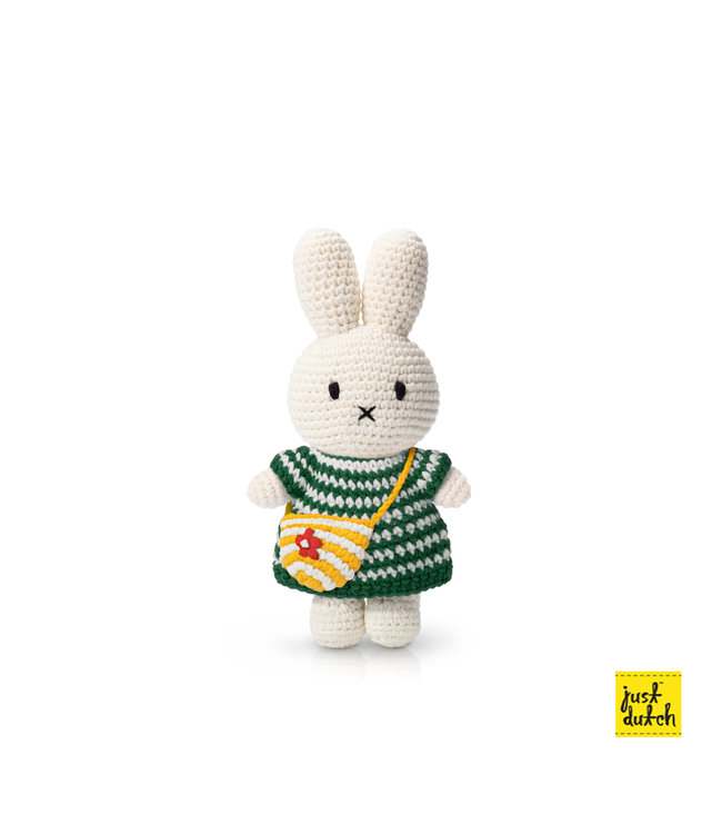 Gehaakte Knuffel | Miffy/Nijntje | Green Small Striped Dress | Bag | 25 cm | 100 % Cotton | 0+