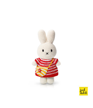 Just Dutch Gehaakte Knuffel | Miffy/Nijntje | Red Small Striped Dress | Bag | 25 cm | 100 % Cotton | 0+