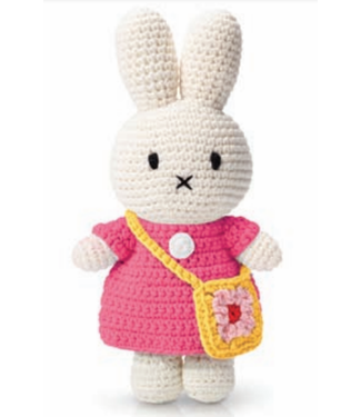Just Dutch Gehaakte Knuffel | Miffy/Nijntje | Pink Dress | Flower Bag | 25 cm | 100 % Cotton | 0+