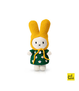 Just Dutch Gehaakte Knuffel | Miffy/Nijntje | Green Flower Dress | Yellow Hat | 25 cm | 100 % Cotton | 0+