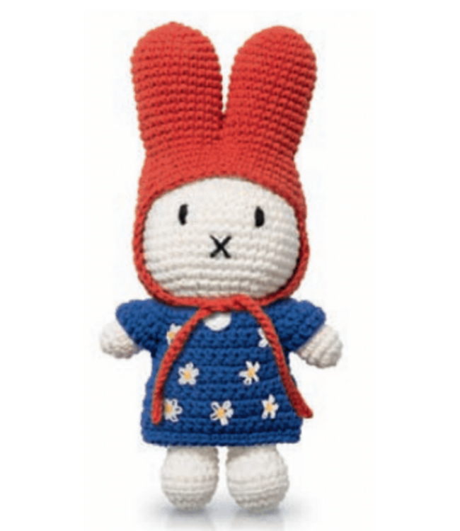 Gehaakte Knuffel | Miffy/Nijntje | Blue Flower Dress | Red Hat | 25 cm | 100 % Cotton | 0+