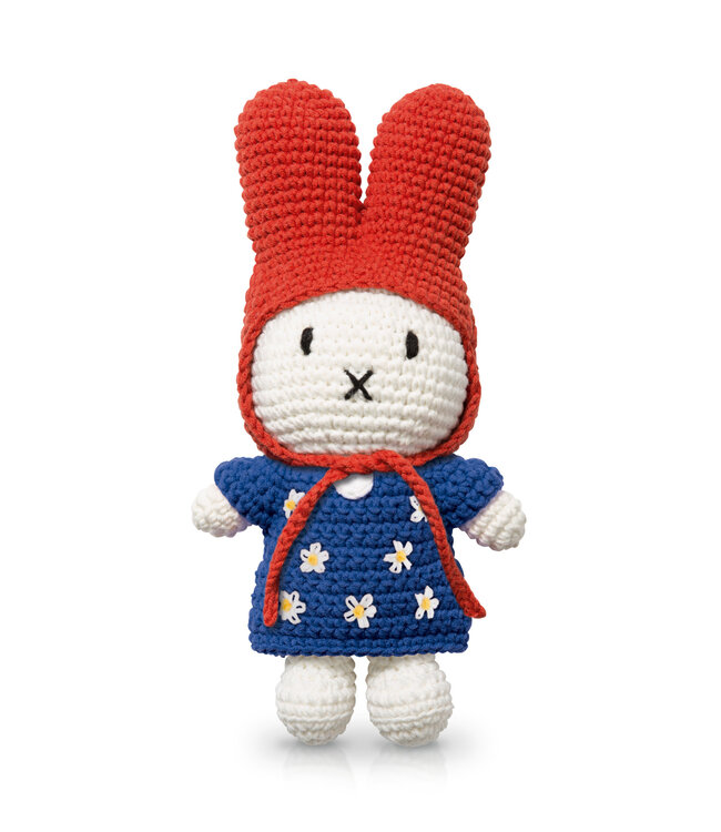 Gehaakte Knuffel | Miffy/Nijntje | Blue Flower Dress | Red Hat | 25 cm | 100 % Cotton | 0+