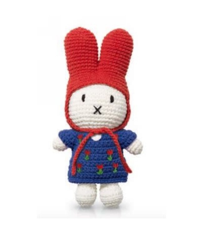 Gehaakte Knuffel | Miffy/Nijntje | Blue Tulip Dress | Red Hat | 25 cm | 100 % Cotton | 0+