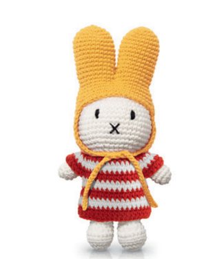 Gehaakte Knuffel | Miffy/Nijntje | Red Striped Dress | Yellow Hat | 25 cm | 100 % Cotton | 0+