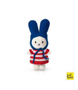 Just Dutch Gehaakte Knuffel | Miffy/Nijntje | Red Striped Dress | Blue Hat | 25 cm | 100 % Cotton | 0+