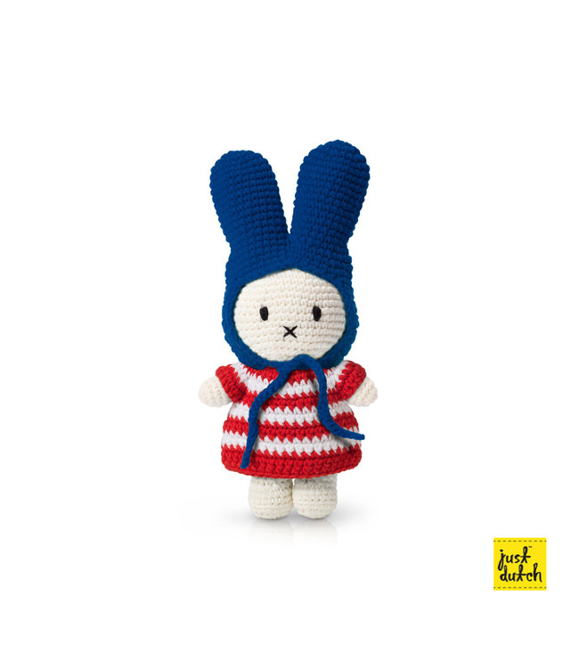 Gehaakte Knuffel | Miffy/Nijntje | Red Striped Dress | Blue Hat | 25 cm | 100 % Cotton | 0+