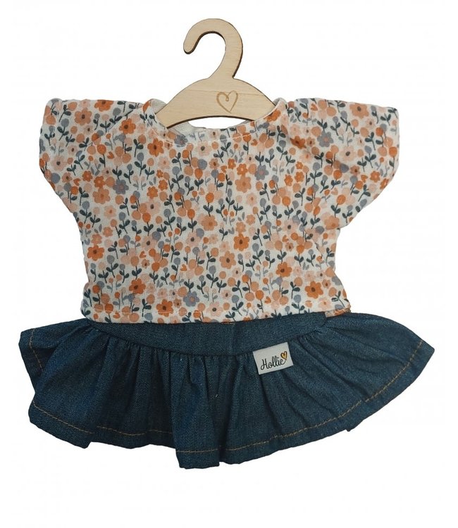 Hollie  | Poppenkleding | Poppenrok en -shirt| Jeans | Happy Flower | Blue | 34 cm