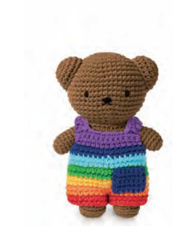 Gehaakte Knuffel | Boris | Bright Rainbow Overall | 20 cm | 100 % Cotton | 0+