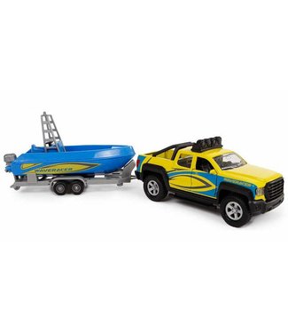 Kids Globe | pull back | Terreinwagen met trailer en boot | met licht en geluid | 29 cm | 3+