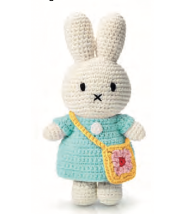 Gehaakte Knuffel | Miffy/Nijntje | Pastel Aqua Dress | Flowerbag | 25 cm | 100 % Cotton | 0+