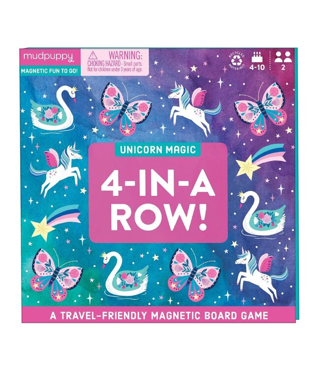 Mudpuppy | Travel Game | Magnetic Board Game | 4-in-a-Row | Unicorn Magic | 4-10 year