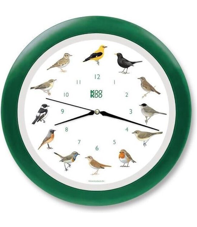 KooKoo | Klok met Dierengeluiden | Zangvogels | met Quartz uurwerk | Groene lijst