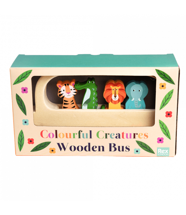 Rex London | Wooden Bus Toy | Colourful Creatures | 5 delig | 19,5 cm | 1+