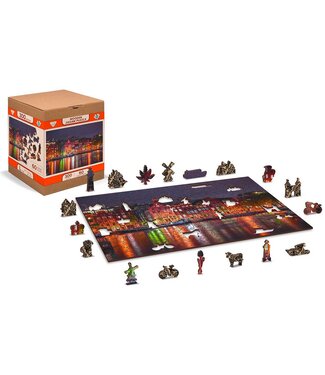 Wooden City Puzzel | Amsterdam by night XL | 51,9 x 37,5 cm | 600 stukjes